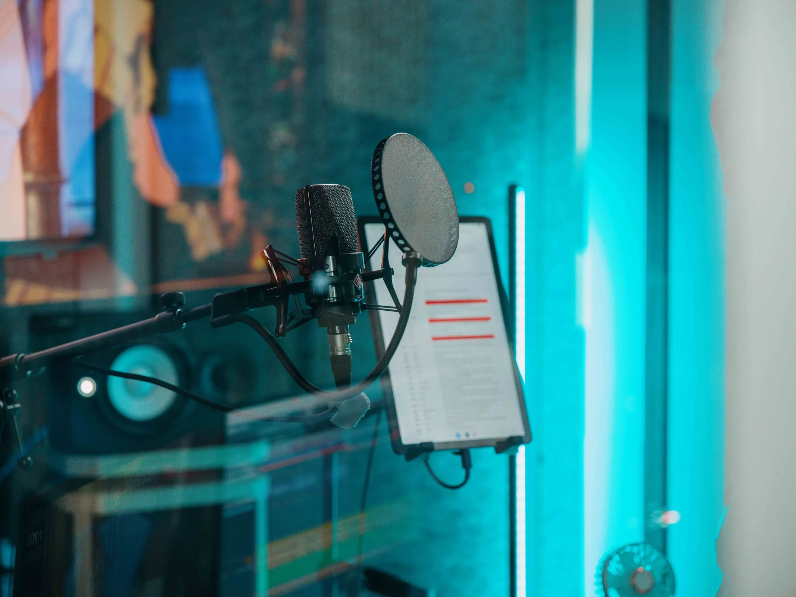 Ein professionelles Mikrofon mit Popschutz und einem Tablet mit Noten steht in einem Aufnahmestudio mit blauer Beleuchtung.