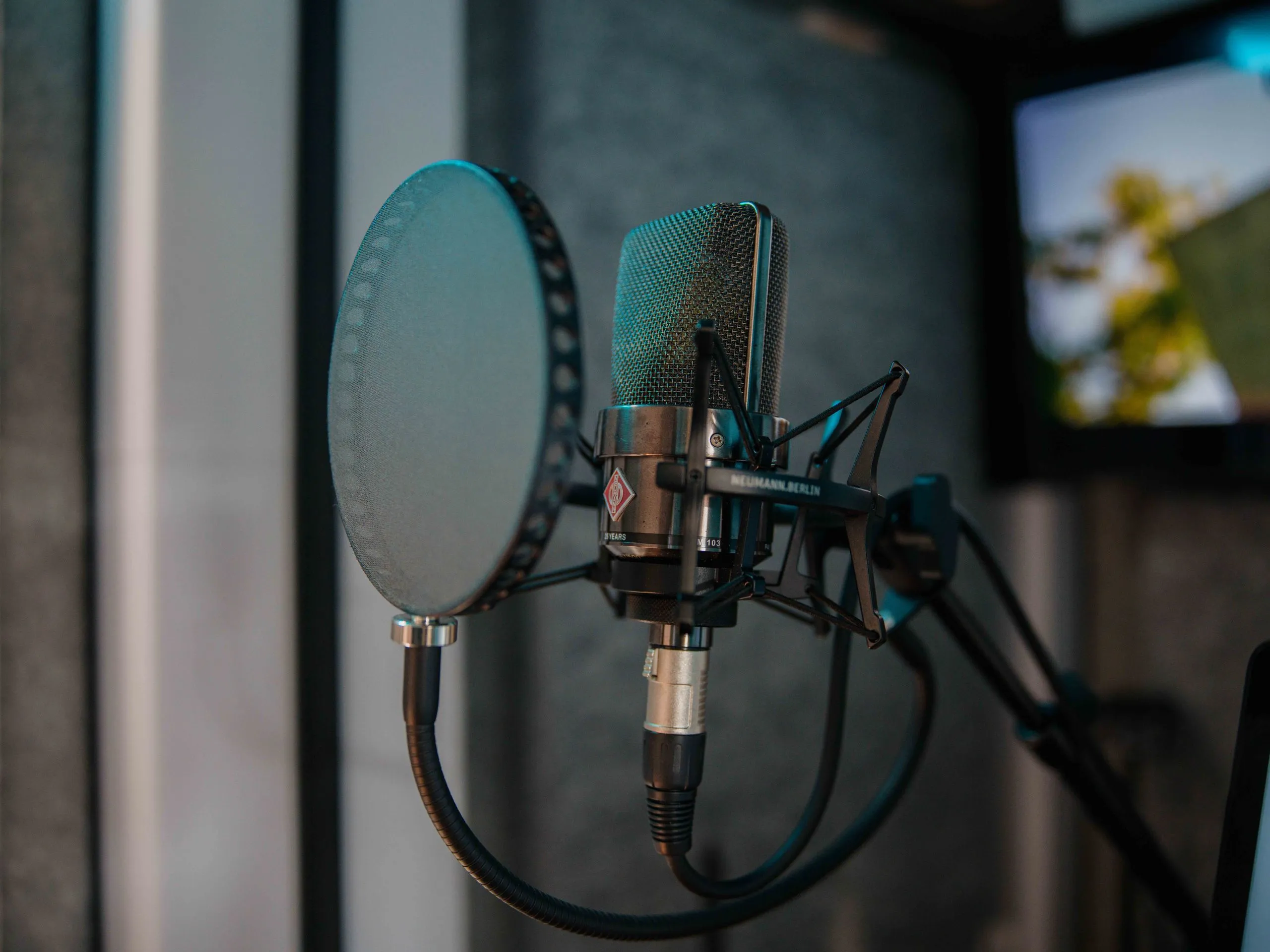 Ein Neumann-Mikrofon mit Popschutz auf einem Mikrofonständer in einem Aufnahmestudio.
