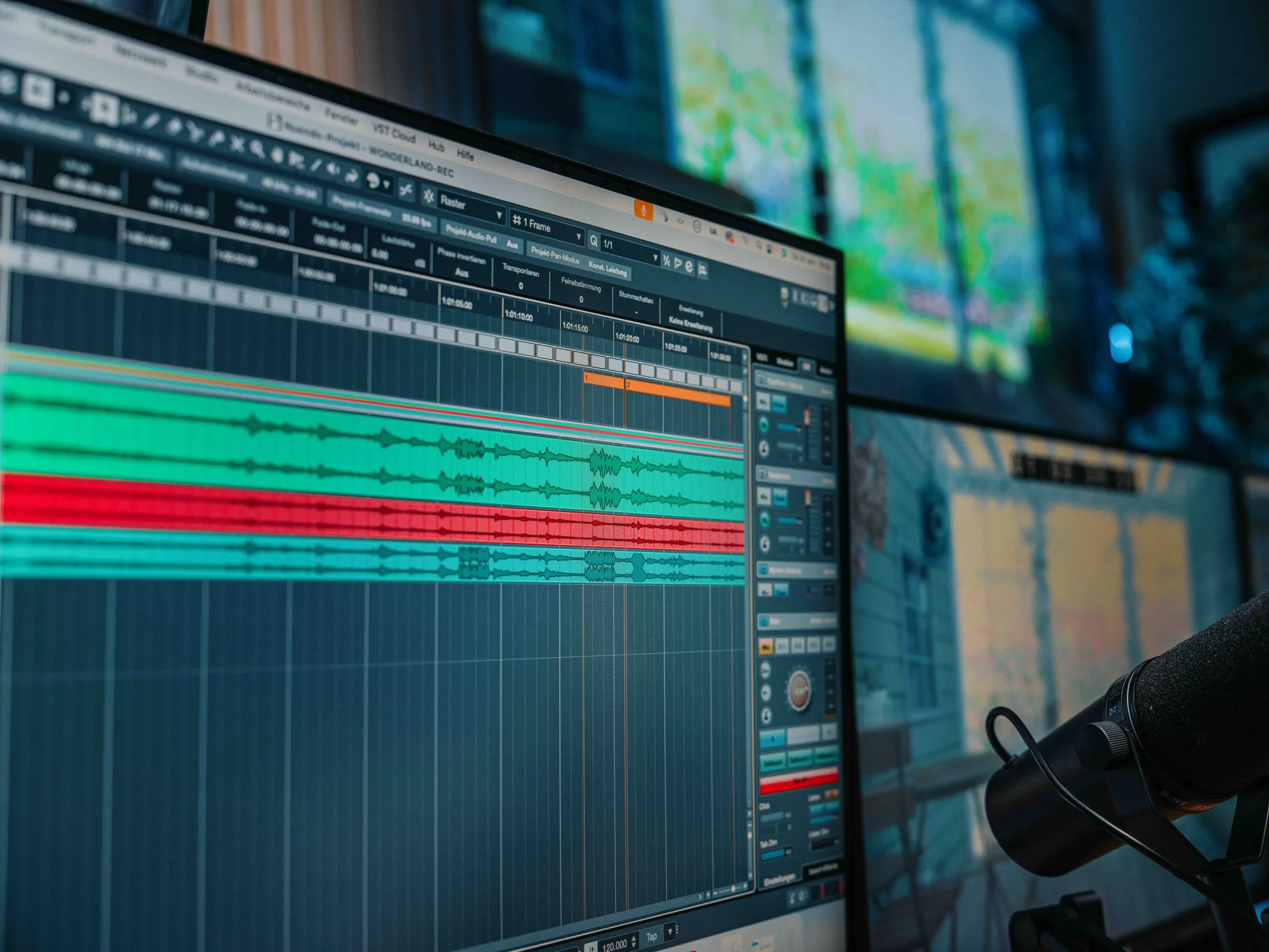 Auf einem Computermonitor mit einer Musikproduktionssoftware werden zwei Spuren mit roten und grünen Wellenformen nebeneinander und eine darunterliegende Spur mit einer hellgrünen Wellenform dargestellt.